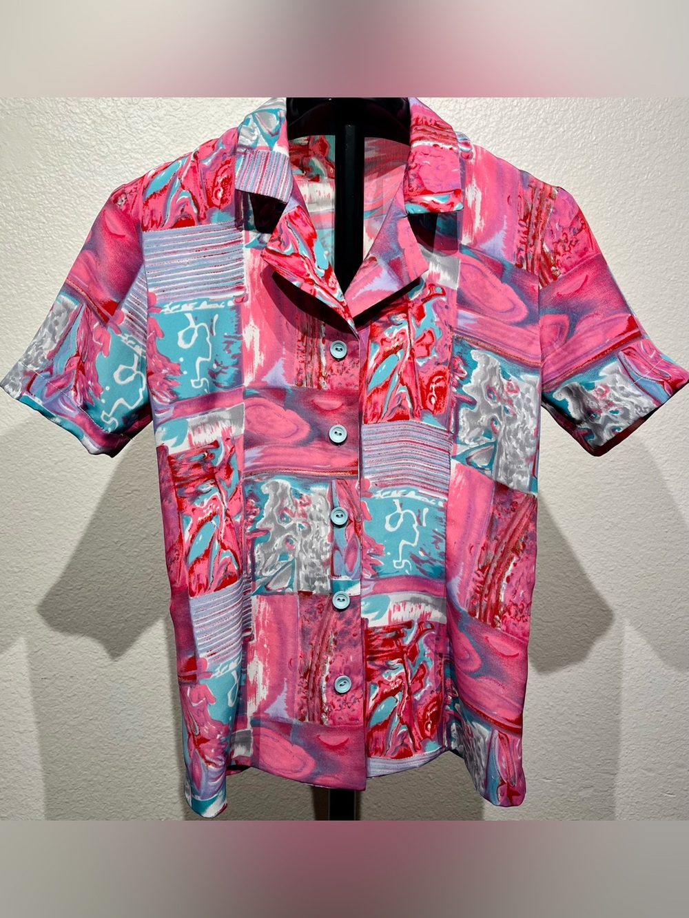Vintage Pink & Blue Patchwork Short Sleeve Button-Down Shirt - Size XS (Women’s)